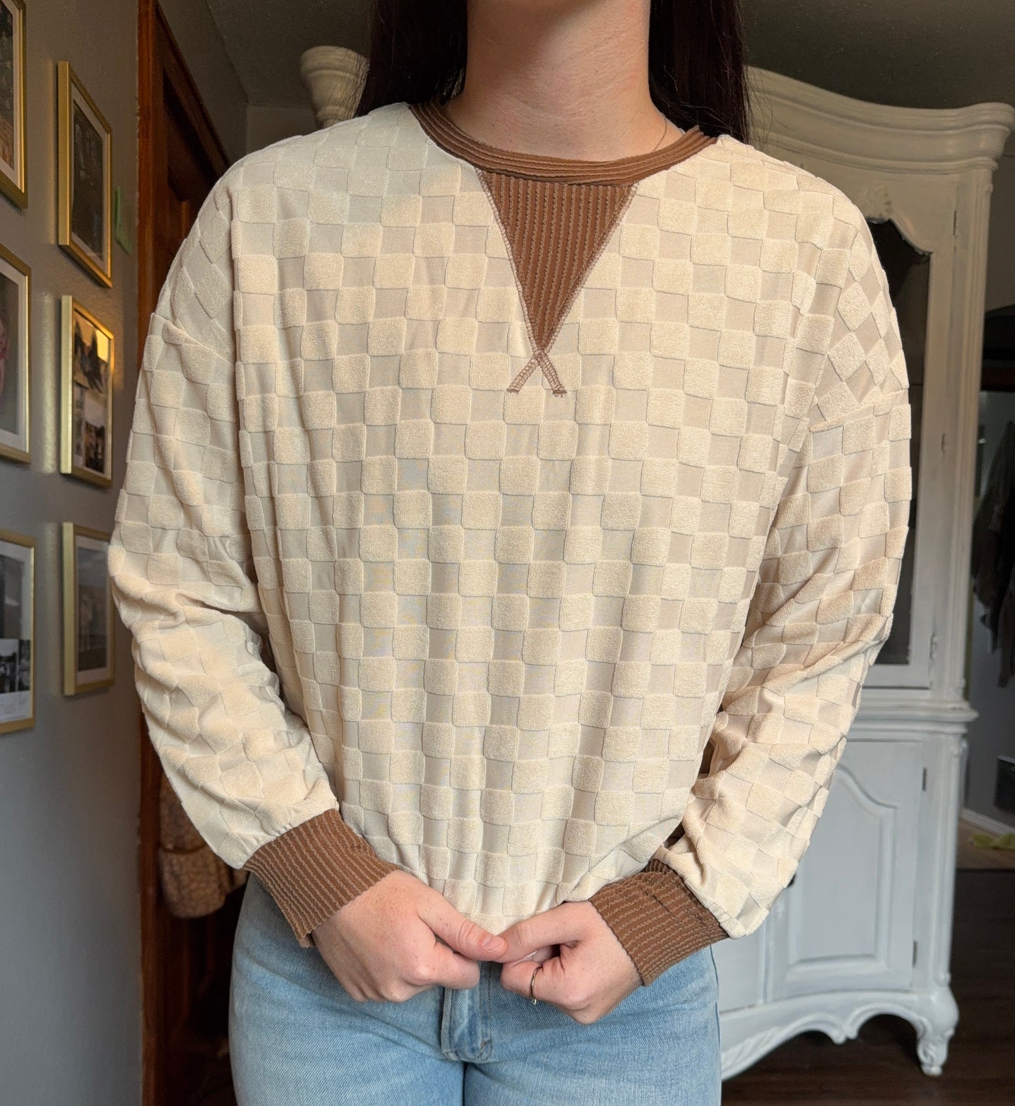 Checker Textured Long Sleeve Top