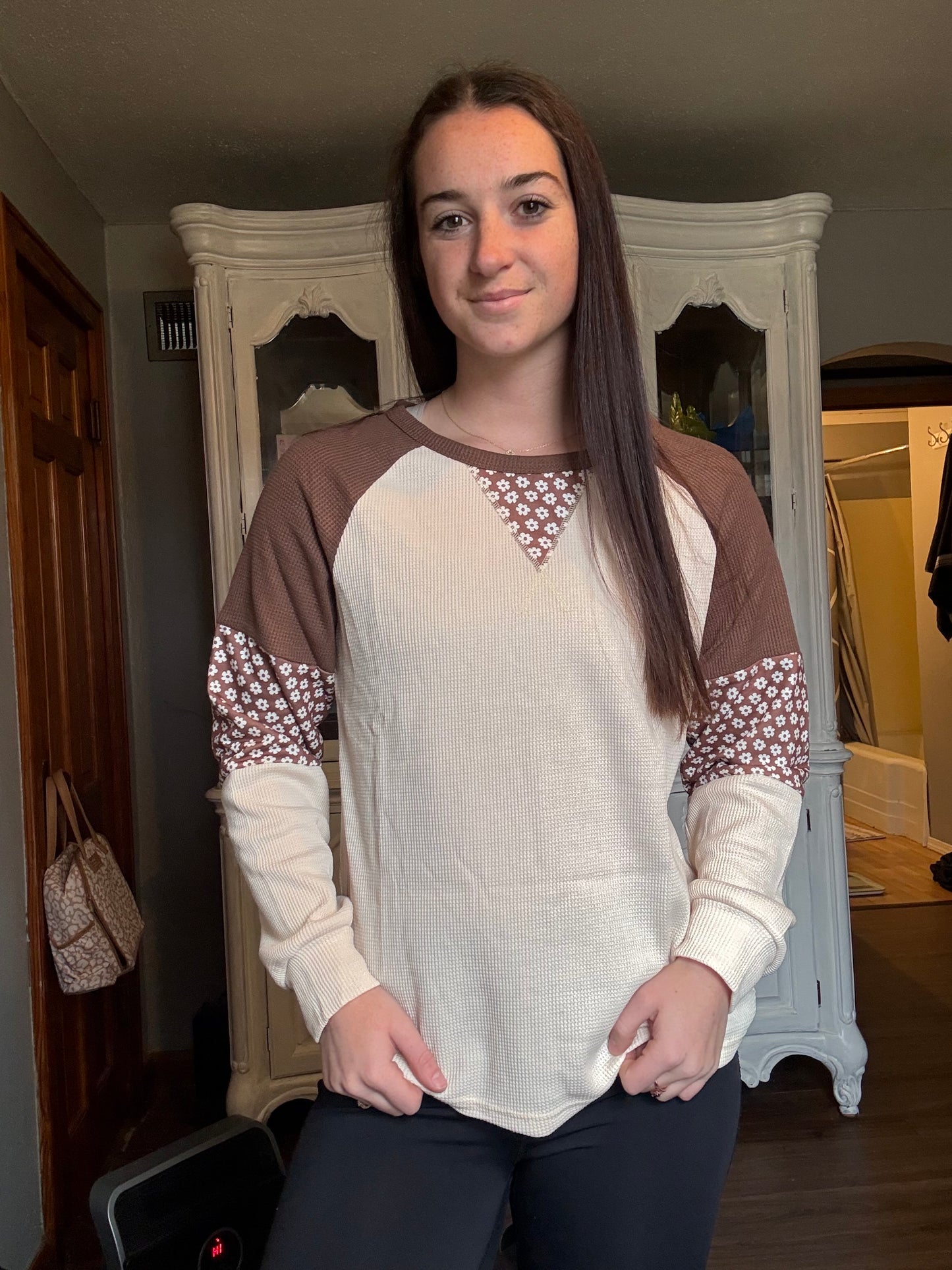 Floral Patchwork Colorblock Raglan Long Sleeve Top