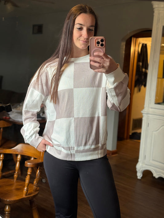 Checker Waffle Knit Long Sleeve Top