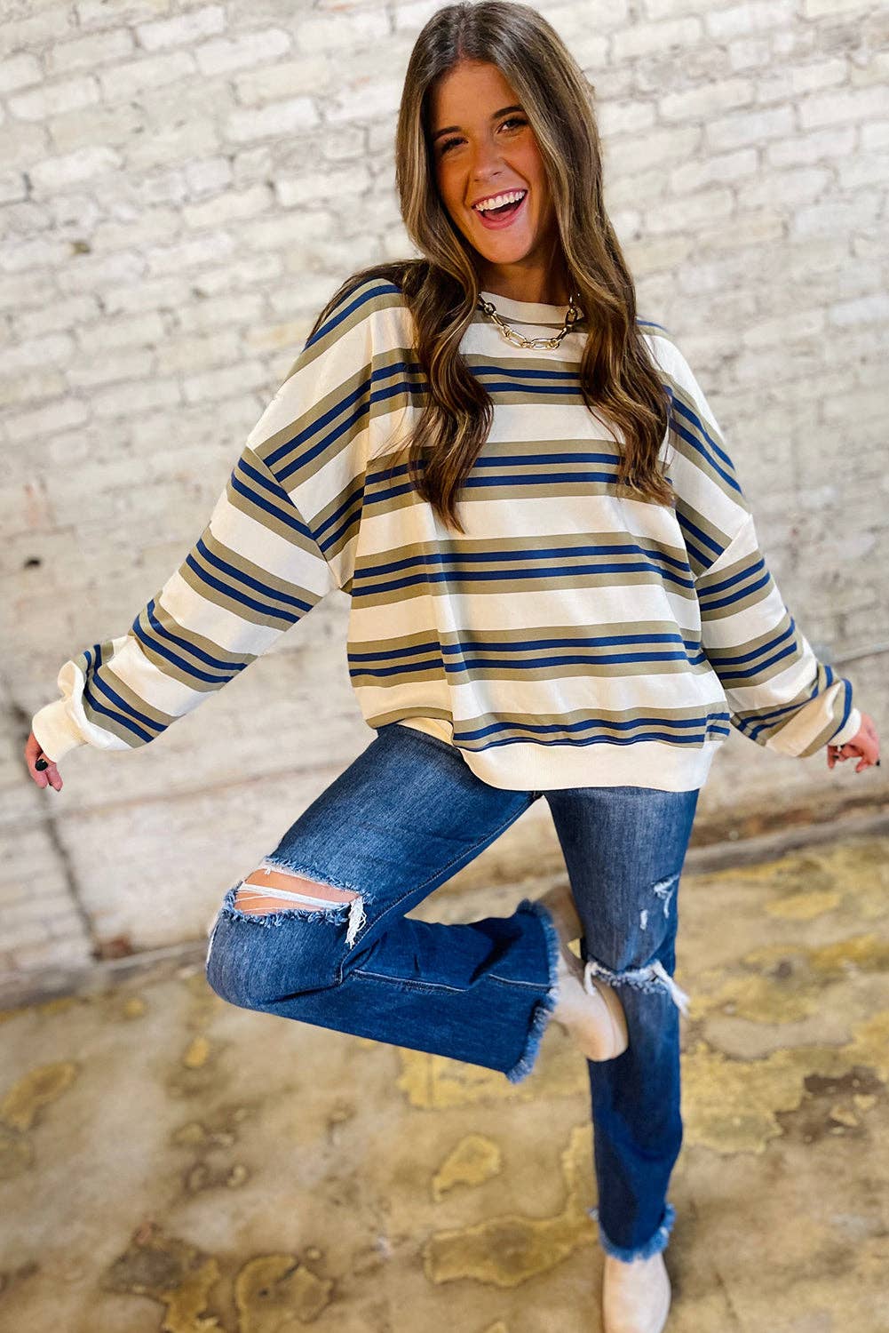 Stripe Crewneck Pullover Sweatshirt