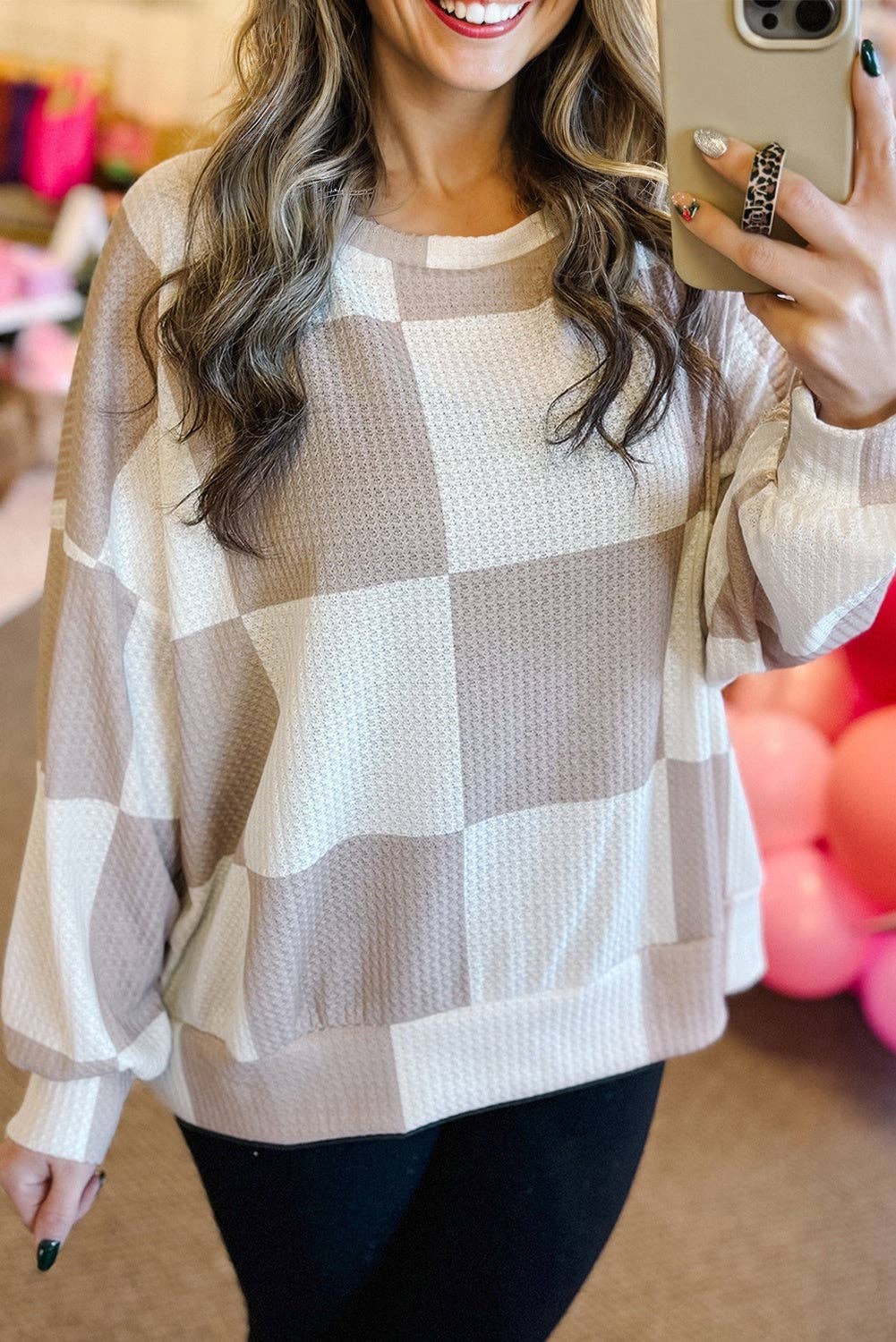 Checker Waffle Knit Long Sleeve Top