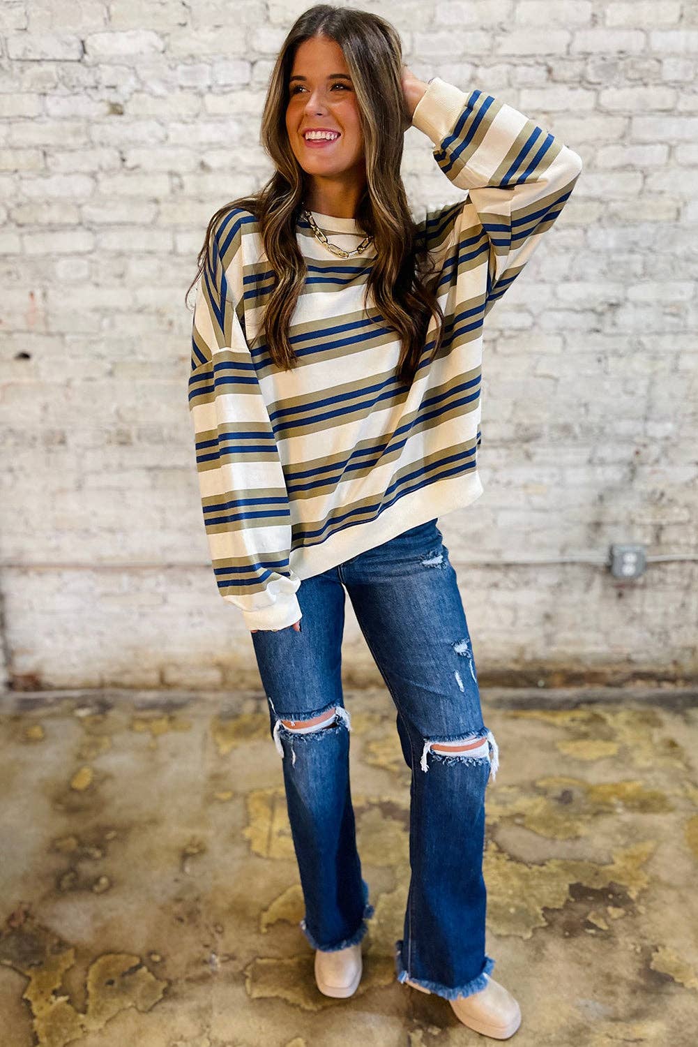 Stripe Crewneck Pullover Sweatshirt