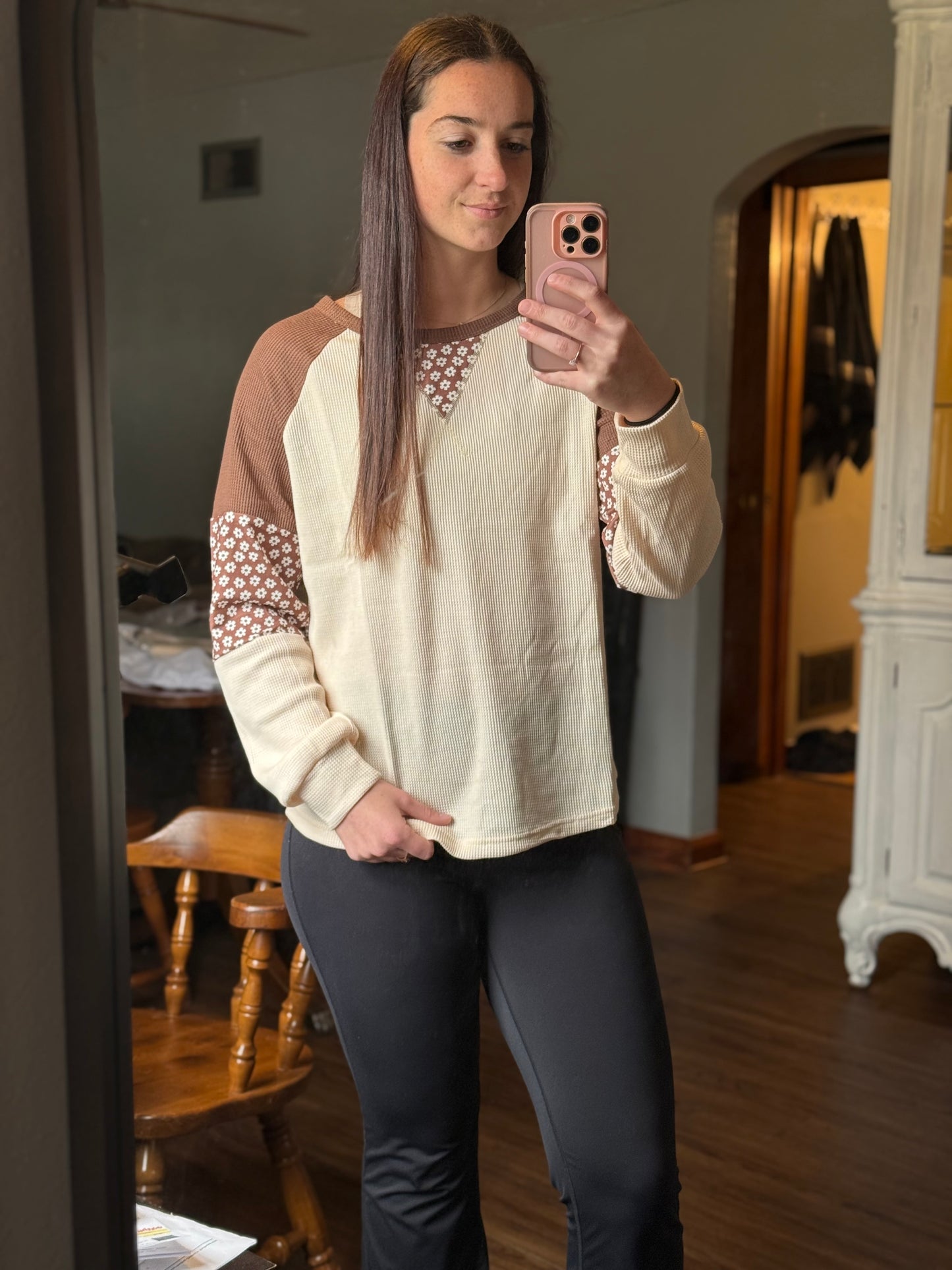 Floral Patchwork Colorblock Raglan Long Sleeve Top