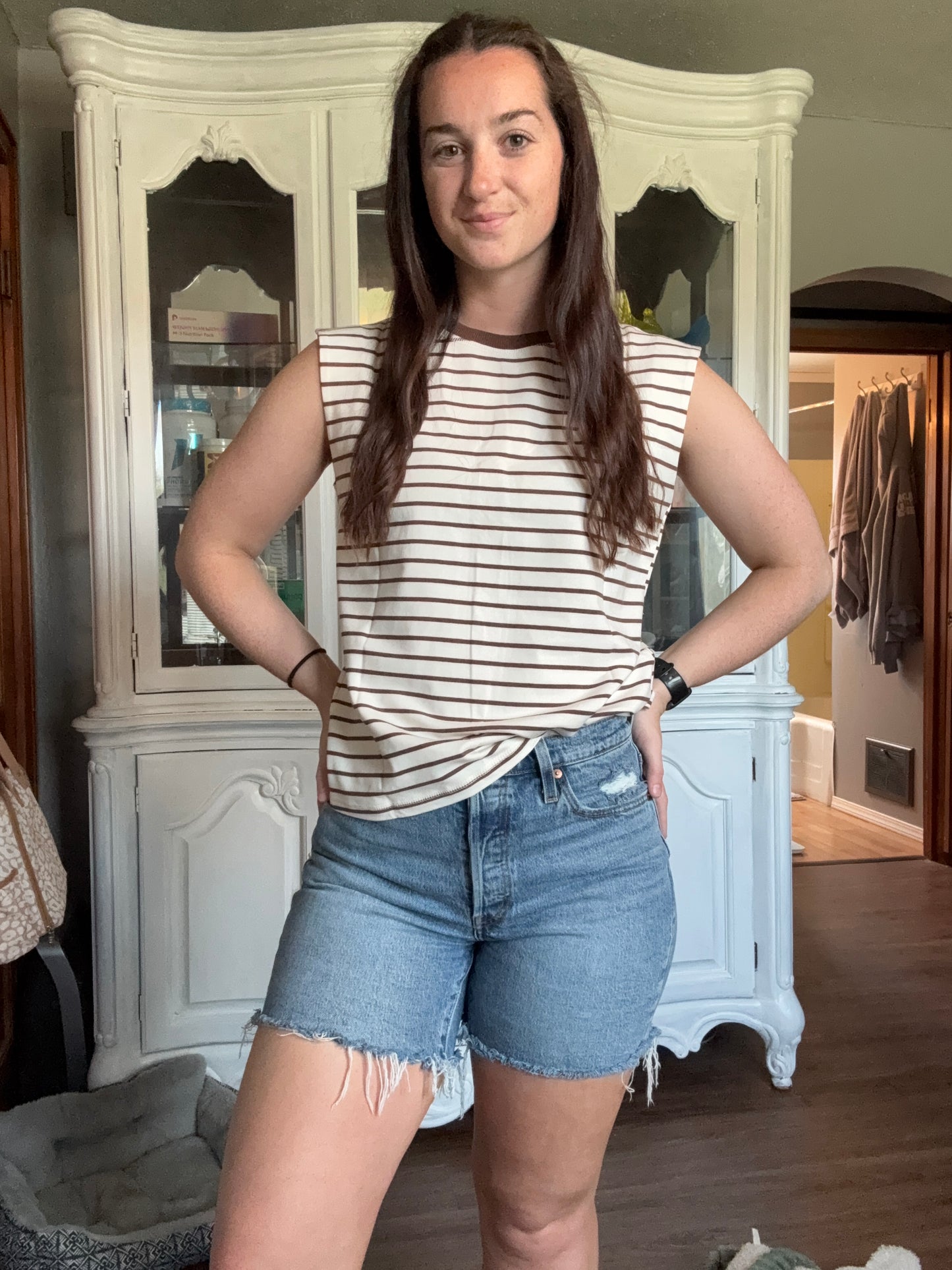 Stripe Ribbed Trim Round Neck Tank Top