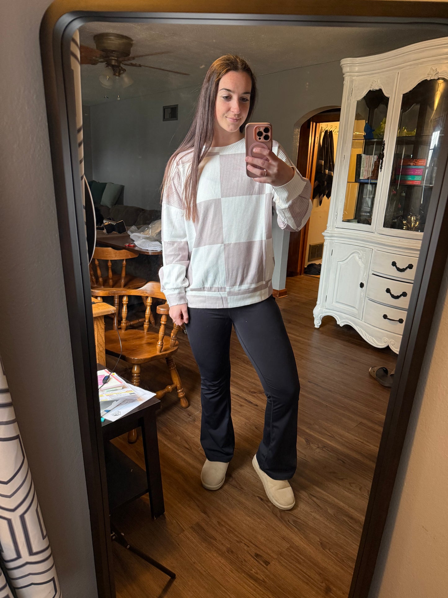 Checker Waffle Knit Long Sleeve Top