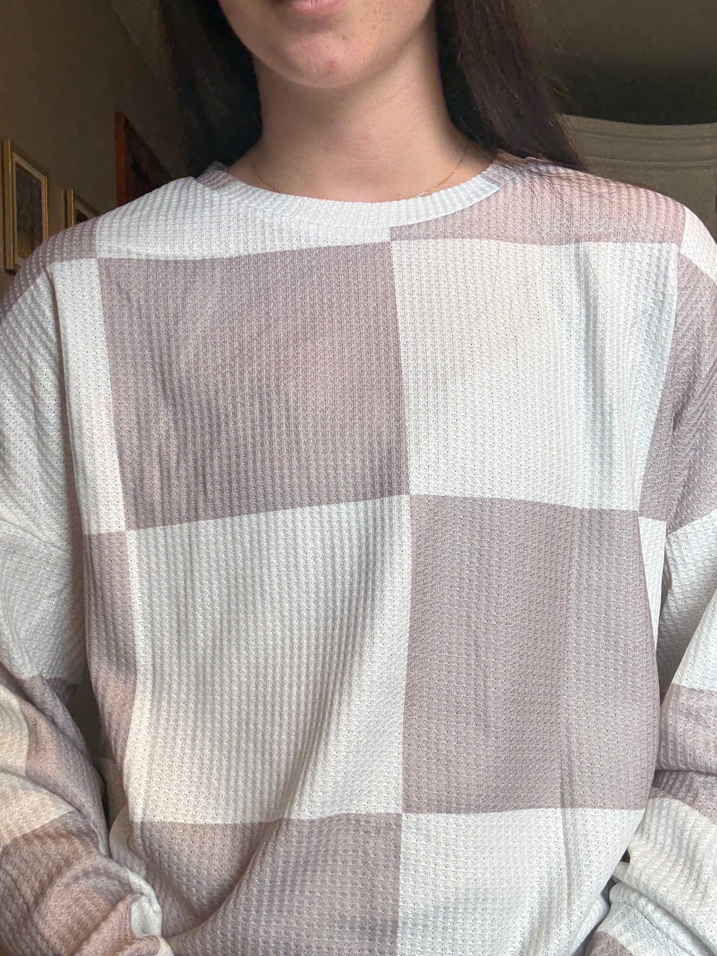 Checker Waffle Knit Long Sleeve Top