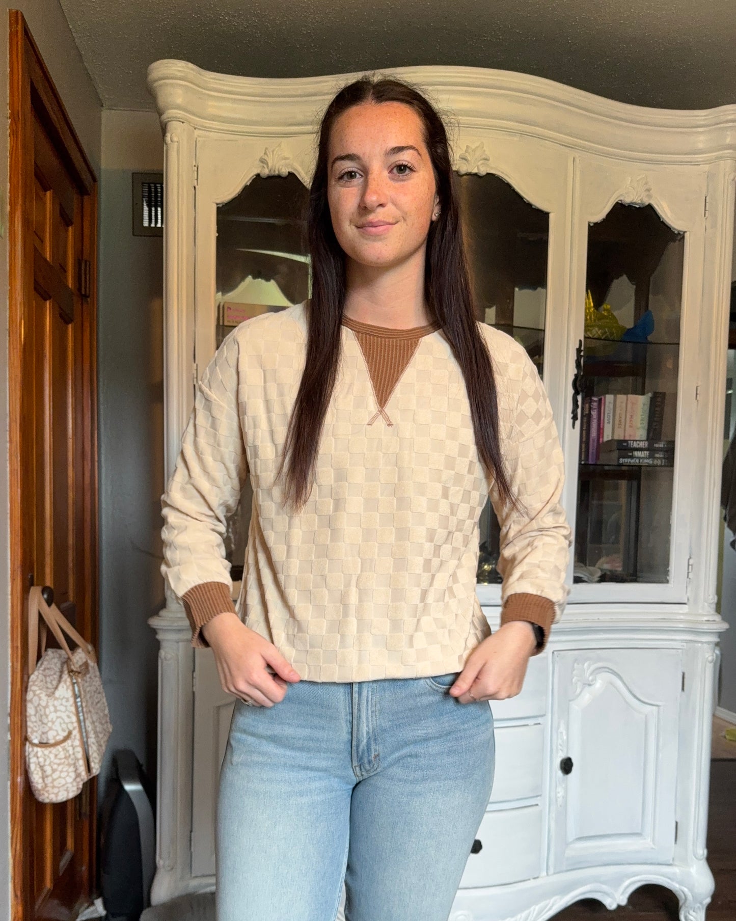 Checker Textured Long Sleeve Top
