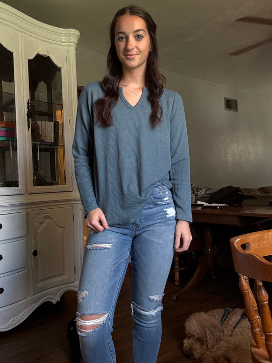 Waffle Loose Long-Sleeved Top