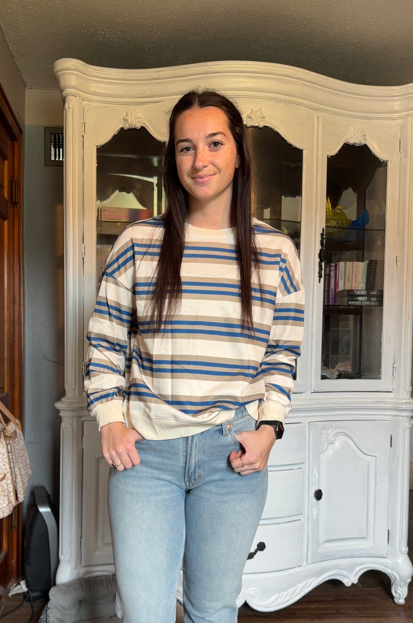 Stripe Crewneck Pullover Sweatshirt