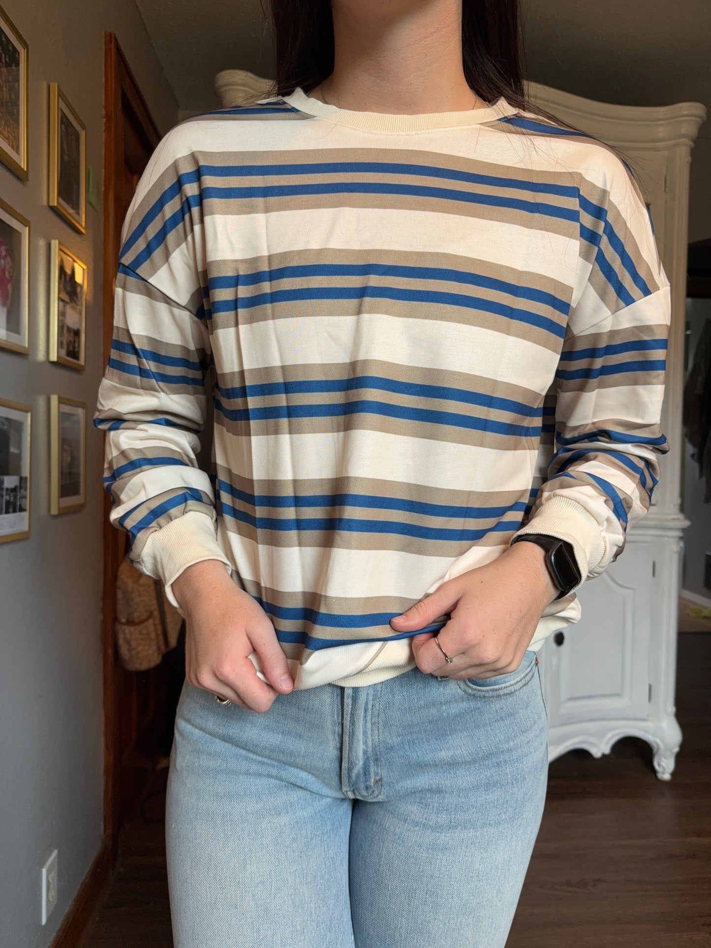 Stripe Crewneck Pullover Sweatshirt
