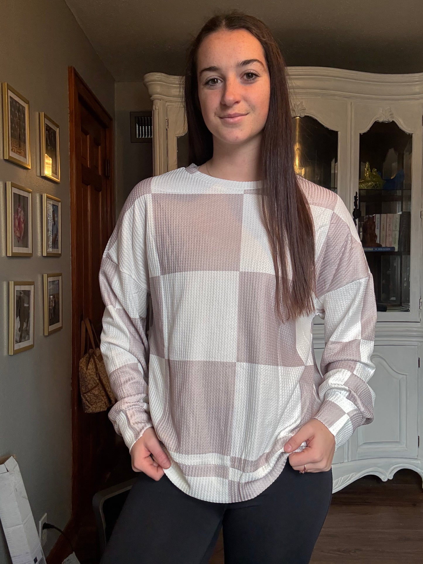 Checker Waffle Knit Long Sleeve Top