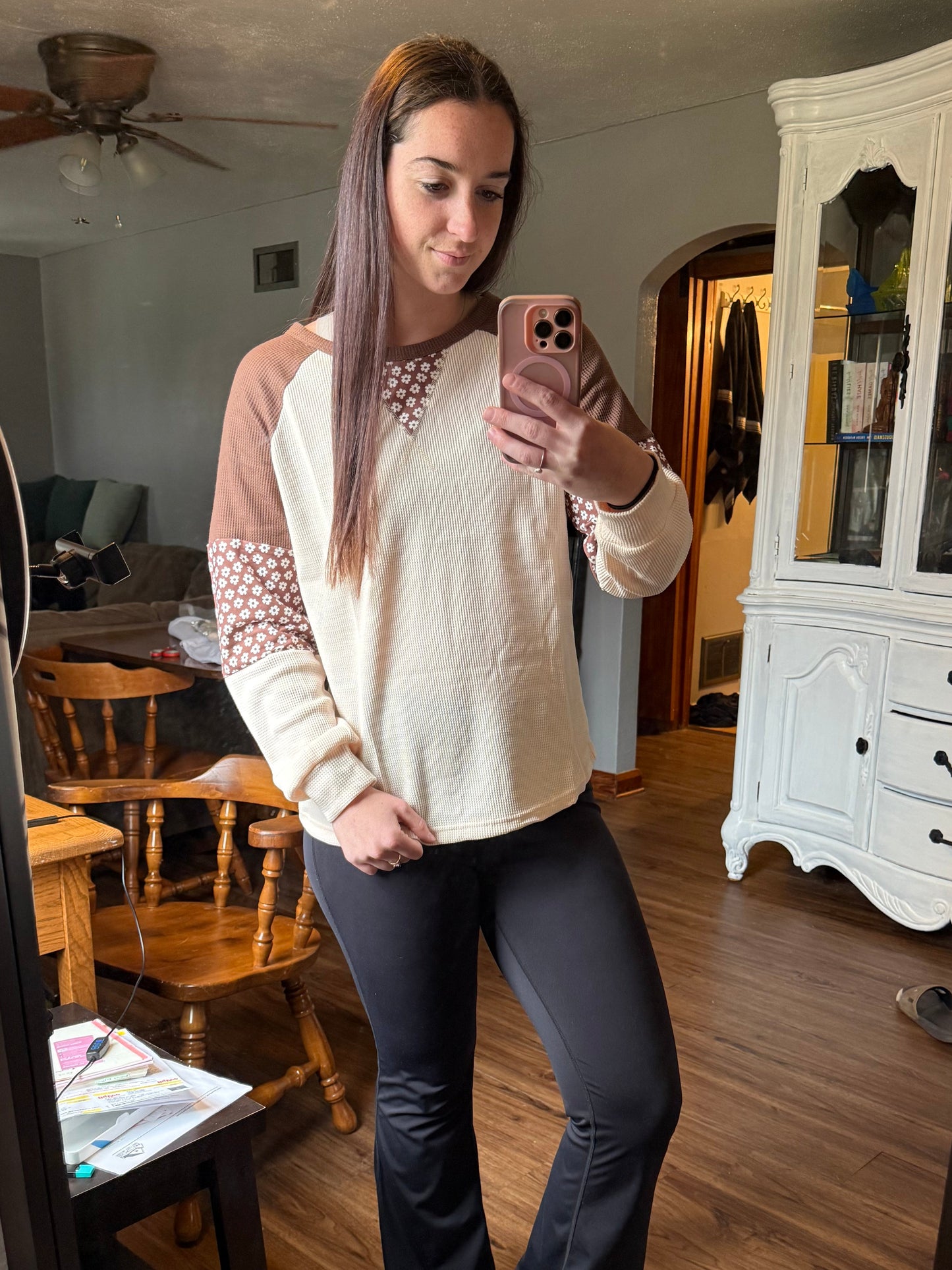 Floral Patchwork Colorblock Raglan Long Sleeve Top