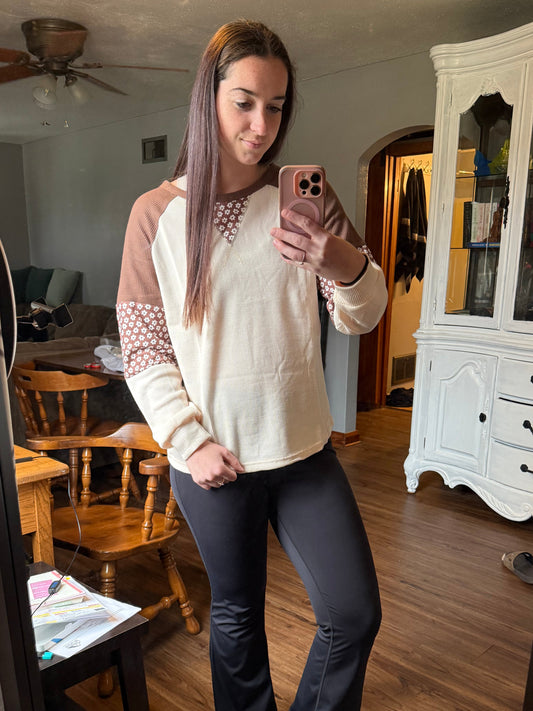 Floral Patchwork Colorblock Raglan Long Sleeve Top